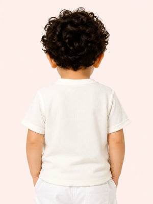 BloomUp Boys White Puff Print Cotton T-Shirt – “KUA SHINE 89” Casual Half Sleeve Tee for Toddlers