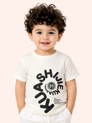 BloomUp Boys White Puff Print Cotton T-Shirt – “KUA SHINE 89” Casual Half Sleeve Tee for Toddlers