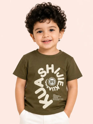BloomUp Boys Olive Green Puff Print Cotton T-Shirt – “KUA SHINE 89” Casual Half Sleeve Tee for Toddlers