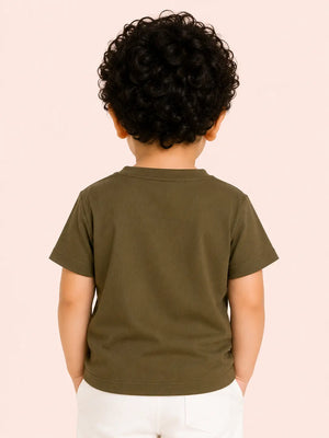 BloomUp Boys Olive Green Puff Print Cotton T-Shirt – “KUA SHINE 89” Casual Half Sleeve Tee for Toddlers
