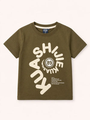 BloomUp Boys Olive Green Puff Print Cotton T-Shirt – “KUA SHINE 89” Casual Half Sleeve Tee for Toddlers
