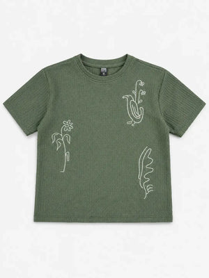 BloomUp Boys Olive Green Embroidered Cotton T-Shirt – Textured Casual Half Sleeve Tee