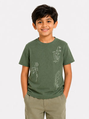 BloomUp Boys Olive Green Embroidered Cotton T-Shirt – Textured Casual Half Sleeve Tee