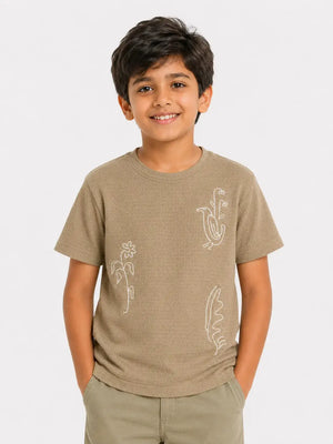 BloomUp Boys Fawn Embroidered Cotton T-Shirt – Textured Casual Half Sleeve Tee