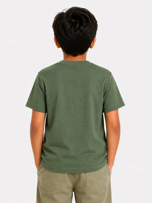 BloomUp Boys Olive Green Embroidered Cotton T-Shirt – Textured Casual Half Sleeve Tee