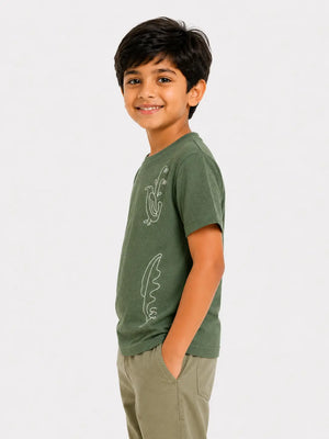 BloomUp Boys Olive Green Embroidered Cotton T-Shirt – Textured Casual Half Sleeve Tee