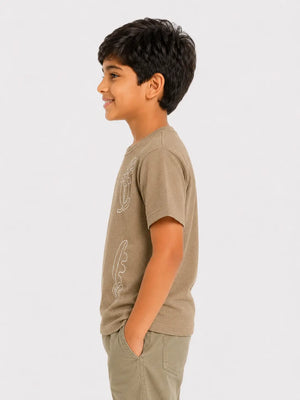 BloomUp Boys Fawn Embroidered Cotton T-Shirt – Textured Casual Half Sleeve Tee