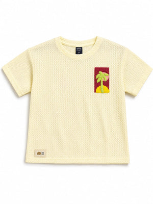 Boys Cream Textured Cotton T-Shirt – Tropical Graphic Casual Half Sleeve Tee BloomUp