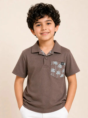 BloomUp Boys Brown Printed Pocket Polo T-Shirt – Casual Half Sleeve Cotton Tee