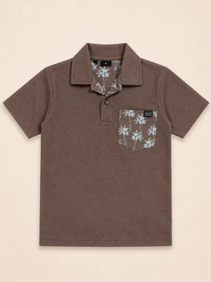 BloomUp Boys Brown Printed Pocket Polo T-Shirt – Casual Half Sleeve Cotton Tee