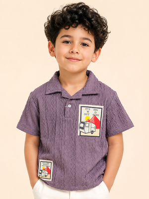 Boys Purple Textured Polo T-Shirt ā Adventure Patch Casual Half Sleeve Tee BloomUp