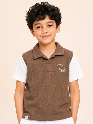 BloomUp Boys Brown Textured Polo T-Shirt – Spark 1989 Casual Half Sleeve Tee