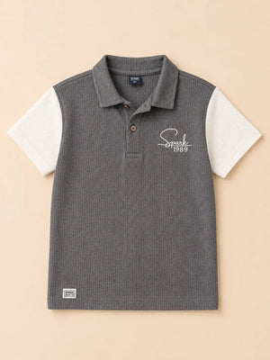 BloomUp Boys Dark Grey Textured Polo T-Shirt – Spark 1989 Casual Half Sleeve Tee