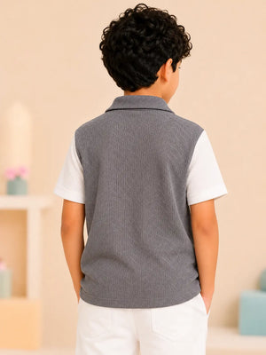 BloomUp Boys Dark Grey Textured Polo T-Shirt – Spark 1989 Casual Half Sleeve Tee