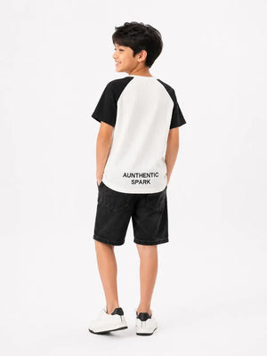 BloomUp Boys “PLAY MOUTH” Textured Cotton T-Shirt – Black & White Raglan Casual Tee