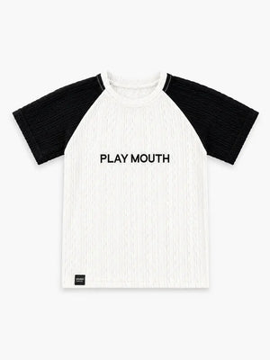 BloomUp Boys “PLAY MOUTH” Textured Cotton T-Shirt – Black & White Raglan Casual Tee