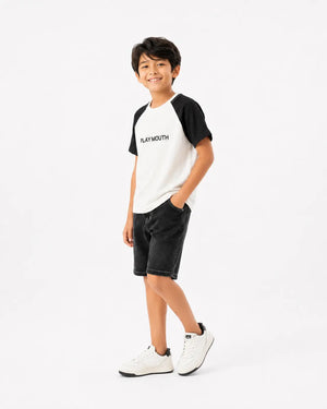 BloomUp Boys “PLAY MOUTH” Textured Cotton T-Shirt – Black & White Raglan Casual Tee