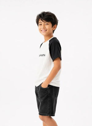BloomUp Boys “PLAY MOUTH” Textured Cotton T-Shirt – Black & White Raglan Casual Tee
