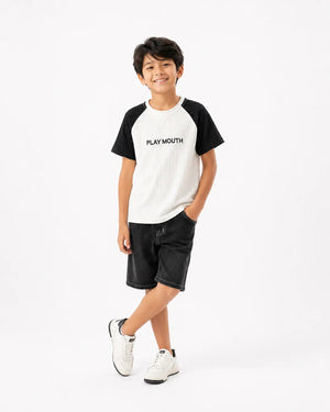 BloomUp Boys “PLAY MOUTH” Textured Cotton T-Shirt – Black & White Raglan Casual Tee