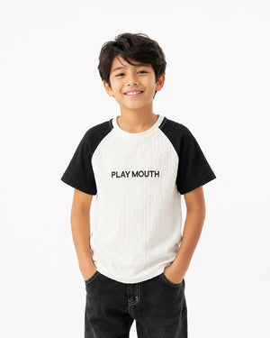 BloomUp Boys “PLAY MOUTH” Textured Cotton T-Shirt – Black & White Raglan Casual Tee