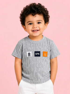 BloomUp Boys Grey Textured Cotton T-Shirt – SPK Patch Casual Half Sleeve Tee for Toddlers
