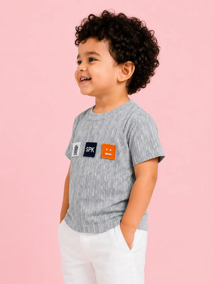 BloomUp Boys Grey Textured Cotton T-Shirt – SPK Patch Casual Half Sleeve Tee for Toddlers