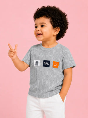 BloomUp Boys Grey Textured Cotton T-Shirt – SPK Patch Casual Half Sleeve Tee for Toddlers