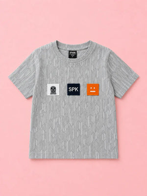 BloomUp Boys Grey Textured Cotton T-Shirt – SPK Patch Casual Half Sleeve Tee for Toddlers