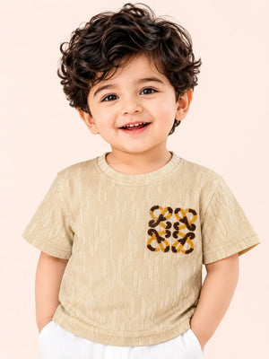 BloomUp Boys Fawn Towel Embroidery Cotton T-Shirt – Textured Casual Half Sleeve Tee for Toddlers
