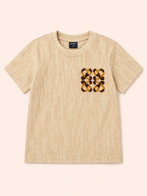 BloomUp Boys Fawn Towel Embroidery Cotton T-Shirt – Textured Casual Half Sleeve Tee for Toddlers