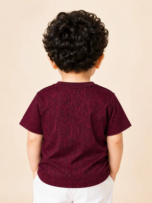 BloomUp Boys Wine Towel Embroidery Cotton T-Shirt – Textured Casual Half Sleeve Tee for Toddlers