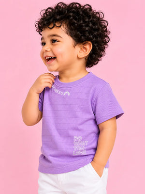 BloomUp Boys Lavender Embroidered Ribbed Cotton T-Shirt – Casual Half Sleeve Tee for Toddlers