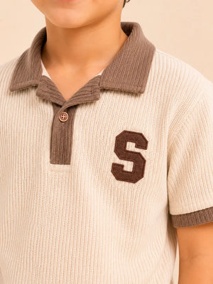 BloomUp Boys Fawn Textured Polo T-Shirt – “S” Patch Casual Half Sleeve Tee