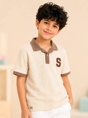 BloomUp Boys Fawn Textured Polo T-Shirt – “S” Patch Casual Half Sleeve Tee