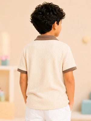 BloomUp Boys Fawn Textured Polo T-Shirt – “S” Patch Casual Half Sleeve Tee