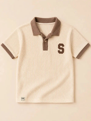 BloomUp Boys Fawn Textured Polo T-Shirt – “S” Patch Casual Half Sleeve Tee
