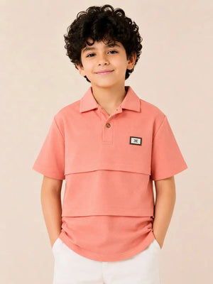 BloomUp Boys Candy Pink Textured Polo T-Shirt – Layered Panel Casual Half Sleeve Tee