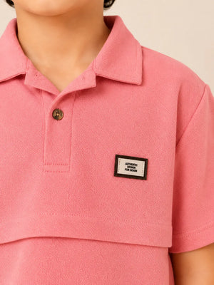 BloomUp Boys Candy Pink Textured Polo T-Shirt – Layered Panel Casual Half Sleeve Tee