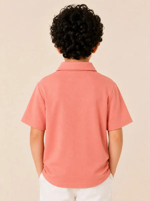 BloomUp Boys Candy Pink Textured Polo T-Shirt – Layered Panel Casual Half Sleeve Tee