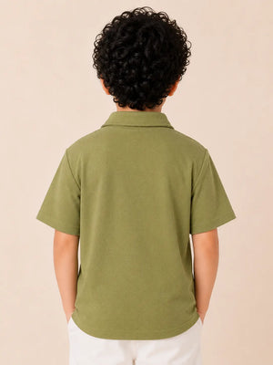 BloomUp Boys Olive Green Textured Polo T-Shirt – Layered Panel Casual Half Sleeve Tee
