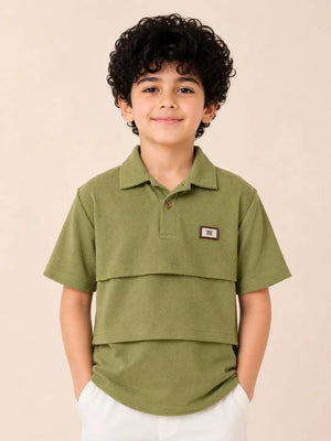 BloomUp Boys Olive Green Textured Polo T-Shirt – Layered Panel Casual Half Sleeve Tee