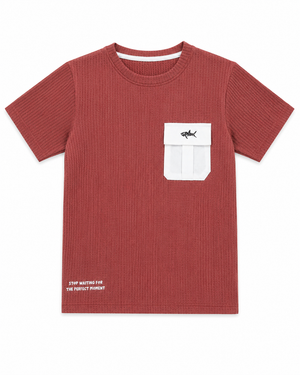 Boys Rust Red Textured Cotton T-Shirt ā Utility Pocket Casual Half Sleeve Tee BloomUp