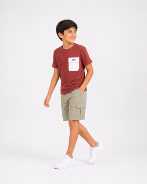 Boys Rust Red Textured Cotton T-Shirt ā Utility Pocket Casual Half Sleeve Tee BloomUp