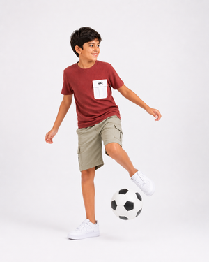 Boys Rust Red Textured Cotton T-Shirt ā Utility Pocket Casual Half Sleeve Tee BloomUp