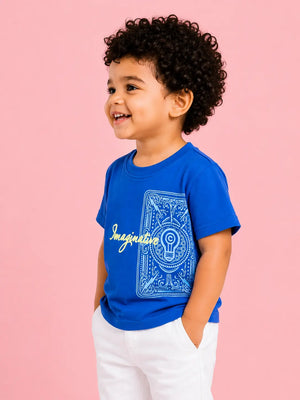 BloomUp Boys “Imaginative” Graphic Cotton T-Shirt – Airforce Blue Casual Half Sleeve Tee for Toddlers