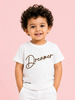BloomUp Boys “Dreamer” Graphic Cotton T-Shirt – Off White Casual Half Sleeve Tee for Toddlers