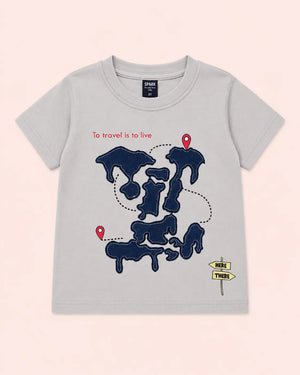 BloomUp Boys Travel Appliqué Cotton T-Shirt – Grey Casual Half Sleeve Tee for Toddlers