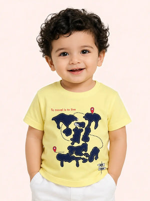 BloomUp Boys Travel Appliqué Cotton T-Shirt – Lemon Yellow Casual Half Sleeve Tee for Toddlers
