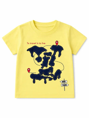 BloomUp Boys Travel Appliqué Cotton T-Shirt – Lemon Yellow Casual Half Sleeve Tee for Toddlers