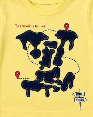 Boys Travel Appliqué Cotton T-Shirt – Lemon Yellow Casual Half Sleeve Tee for Toddlers BloomUp